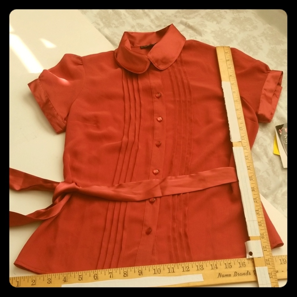 sheer salmon button down belted